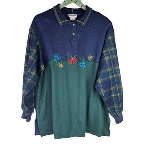 Vintage Bonnie Blain Collar Plaid Floral Contrasting Long Sleeve Shirt,  EUC, 1X